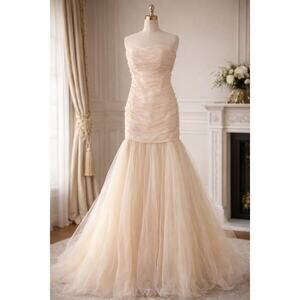 Vintage Lazaro Bridal Strapless Ruched Mermaid Tulle Gown Blush Ivory size 12